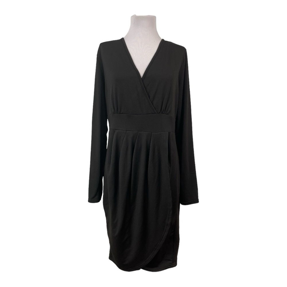 JUEYUN NWT Womens 2XL Bodycon Faux Wrap Dress Black Knit Stretchy Long Sleeves